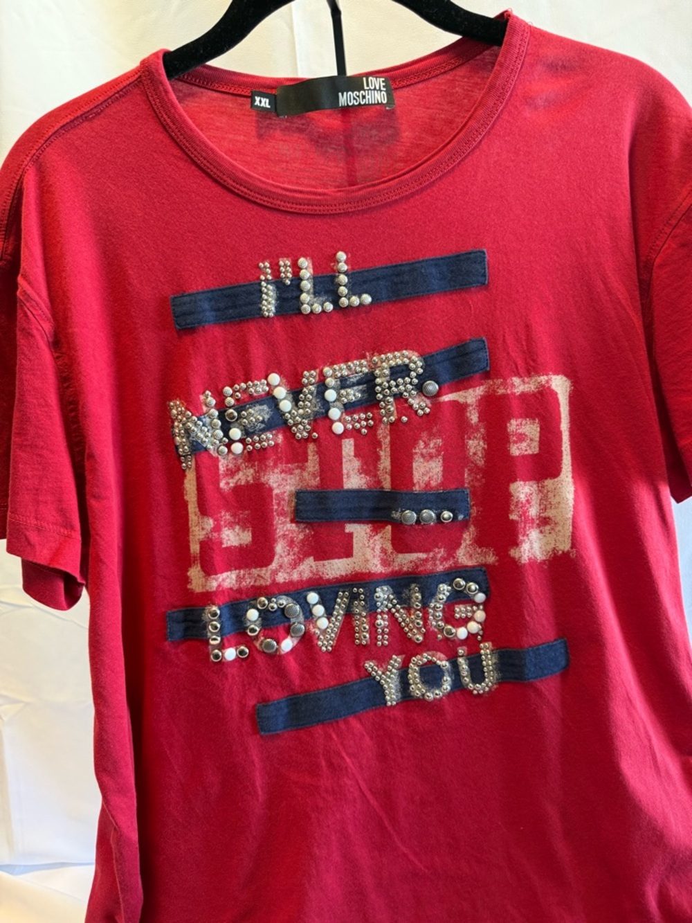 Love Moschino Red Tee with Studded Peace Sign